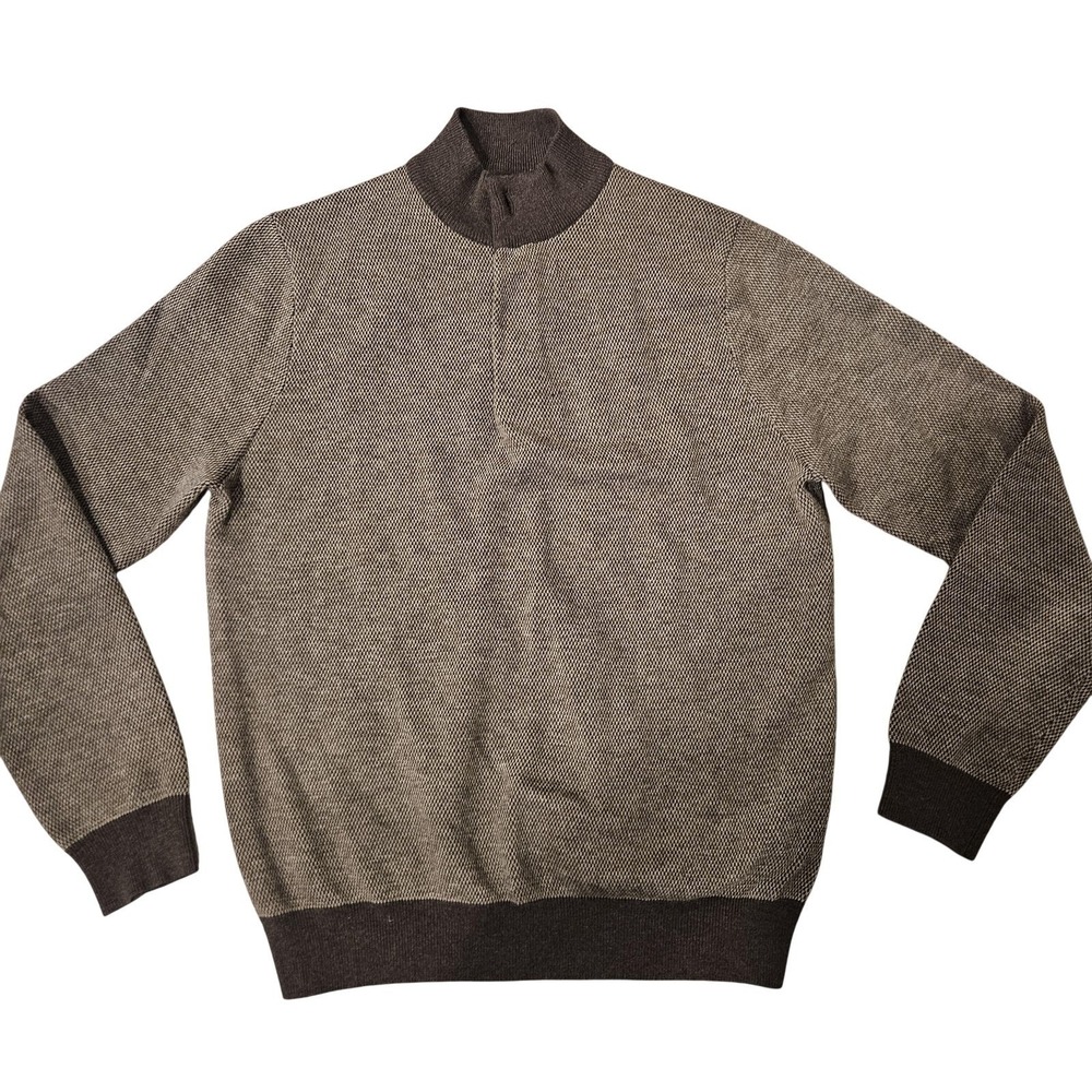 Toscano‎ Sweater Mens Large Brown Mock Neck Herringbone Merino Knit Pullover